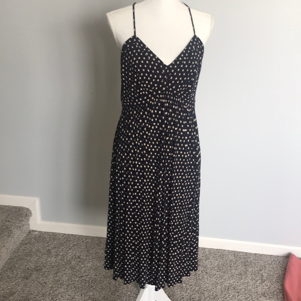 Loft Spaghetti Strap Navy Polka Dot Midi Dress
